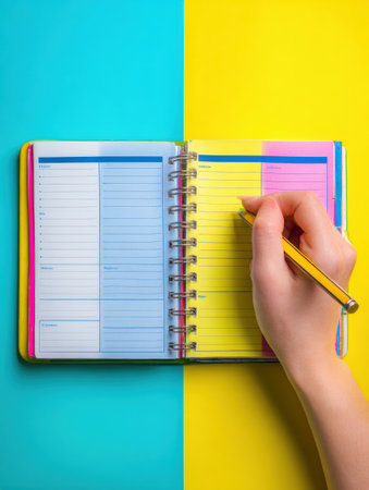 Student engages in note-taking using a vibrant planner, surrounded by bright colors that enhance focus while studying or organizing tasks.の素材