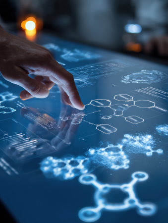 User engages with a touchscreen science board displaying glowing infographics and molecular structures, enriching the lab learning experience.の素材