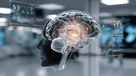 Futuristic brain hospital scan illustrates intricate brain structures and data overlays, highlighting cutting-edge diagnostics for neurological disordersの素材