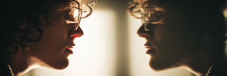 A person stands in profile facing a mirror, highlighting their inner strength and growth as the soft light enhances the moment of self-discovery.の素材
