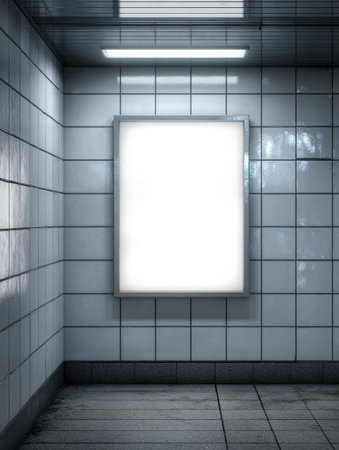 Glowing panel advertisement mockup displayed on a tiled wall in a contemporary subway station, creating a striking urban visual effect.の素材