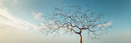 Delicate tree branches stretch out, resembling neurons, set against an expansive sky filled with soft clouds and light hues.の素材