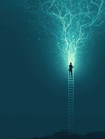 A person ascends a luminous ladder formed by glowing neurons, representing a journey of self-discovery in an ethereal and inspiring environmentの素材