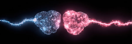 A vivid light trail links the heart and brain, representing the harmony between emotion and logic, showing growth and connection under a dark backdrop.の素材