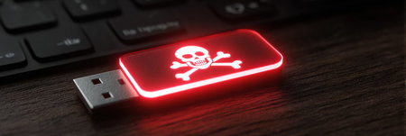 A glowing USB drive, clearly marked with a malware warning, is plugged into a computer, highlighting the dangers of using untrustworthy devices.の素材