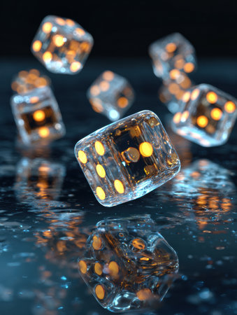 Six translucent dice with glowing dots appear to float above a shiny surface, reflecting their vibrant colors while the upper portion remains clear and empty.の素材