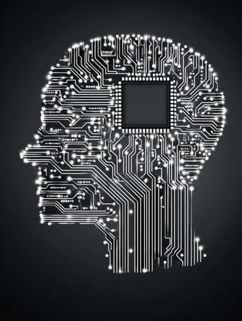 A silhouette of a human head showcases a microchip embedded in the brain, illustrating the fusion of technology and cognitive science in a contemporary design.の素材