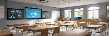 This smart classroom showcases IoT devices and LED learning panels, designed to enhance interactive learning experiences during study sessions.の素材