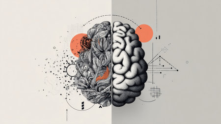 A split view highlights the contrasting functions and designs of the creative and logical brain hemispheres.の素材