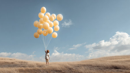 In a spacious, sunny field, a child holds numerous balloons that symbolize creativity and inspiration, lifting into the air toward a bright sky.の素材