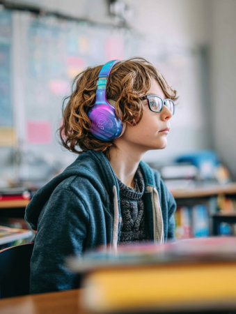 In a vibrant classroom, a neurodivergent student with curly hair listens intently while wearing noise-canceling headphones, creating a focused environment.の素材