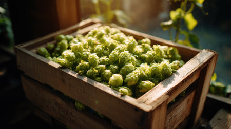 Fresh hops are carefully placed in a rustic wooden crate, illuminated by soft sunlight filtering through nearby plants, creating a serene atmosphere.の素材