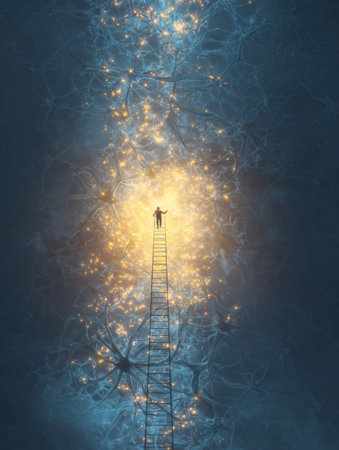 Neurons glow and intertwine to form a ladder, as a figure climbs toward a bright space symbolizing self-discovery and personal growth in a surreal environment.の素材
