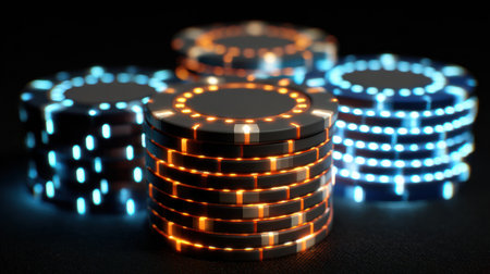 Stacked poker chips with illuminated edges are prominently positioned on a dark surface, creating an inviting atmosphere for an evening game of chance.の素材