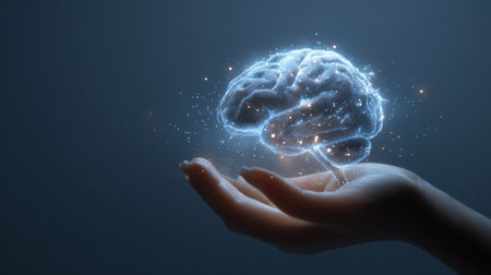 A hand gently cradles a glowing brain icon against a dark, clear background, representing the interplay of knowledge and innovation in our minds.の素材