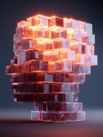 A clear head shape filled with glowing cubes represents thoughts, with the top open for design inspiration and creativity.の素材