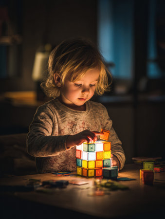 Young child focuses on assembling colorful puzzle blocks illuminated by soft lamp light in a quiet indoor environment during evening hours.の素材