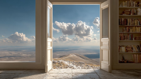 An open door reveals a stunning landscape of opportunities under a clear blue sky, complemented by shelves brimming with books that inspire exploration.の素材