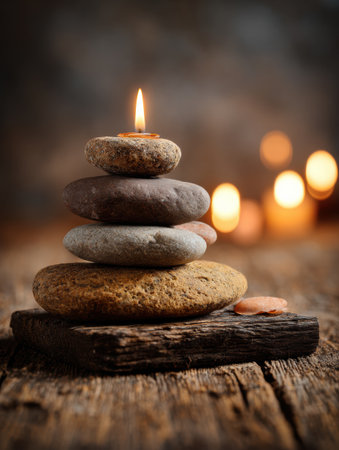 A collection of stacked pebbles atop a wooden board, illuminated by candlelight, symbolizes a calming daily growth ritual in a peaceful setting.の素材