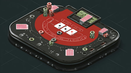 Detailed casino table showcasing dealt cards, chips, and a neat layout designed for an engaging gaming experience during the evening hours.の素材