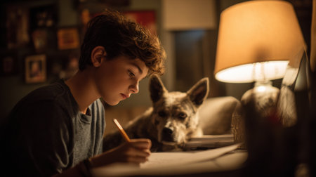 Teen concentrates on homework at a desk, surrounded by warm lighting, while a pet stays close, creating a serene and inviting atmosphereの素材