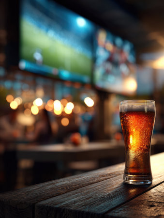 Enjoying a refreshing beer at a lively sports bar while watching an exciting game unfold on large screens above amidst a vibrant crowd atmosphereの素材