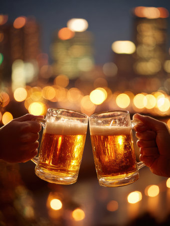 Hands raise beer mugs, clinking them together, celebrating over a sparkling city skyline lit by evening lights with a vibrant ambiance.の素材