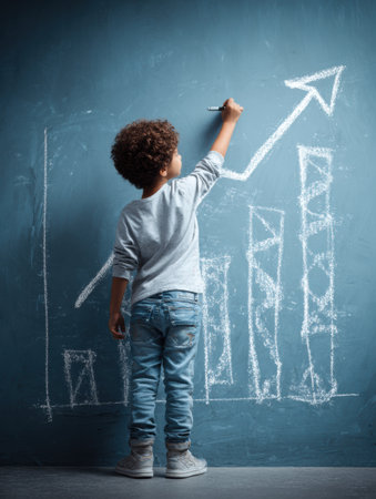 Child shows excitement while tracking progress on a growth chart, indicating a positive trend, in an educational environment during school hours.の素材