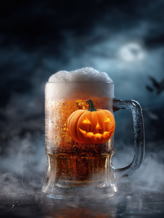 A spooky Halloween beer mug filled with frothy beer features a glowing pumpkin, surrounded by foggy darkness, creating a festive atmosphere for the night.の素材