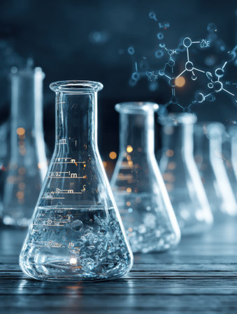 A vibrant chemistry lab setting showcases floating flasks with liquid, surrounded by mathematical formulas against a bright backdrop, inviting exploration.の素材