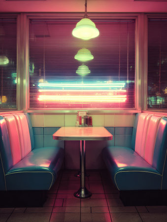 Bright pink tones fill the retro diner as a lightbox sign casts a warm glow over an empty booth, creating an inviting ambiance for patrons.の素材