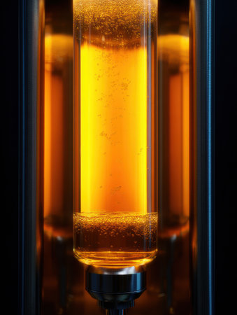 Low angle shot captures a beer tower dispenser glowing with golden liquid, providing an atmosphere of warmth in a lively bar setting.の素材
