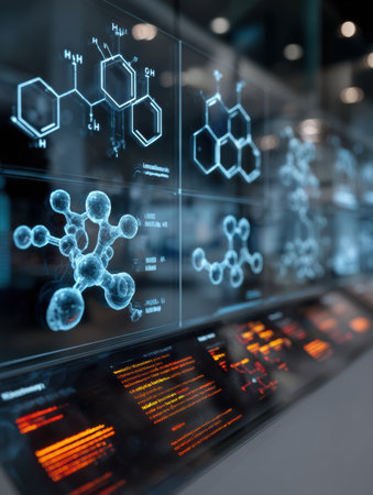 A touchscreen science board showcases vibrant infographics and molecular representations, facilitating interactive learning in a contemporary classroom setting.の素材