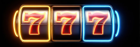 Bright and glowing slot jack symbol featuring three sevens, showcasing an exciting win in a casino setting with a clean surface.の素材