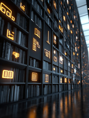 Digital shelves in a contemporary library feature glowing book icons, presenting a blend of technology and literature in a sleek, minimalist environment.の素材