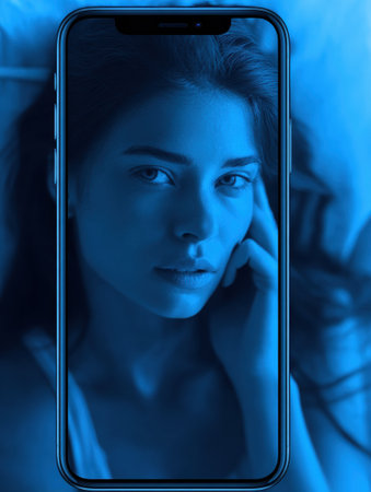 A phone screen shows a deepfake voice simulation with a serious expression, highlighting the advanced technology and its potential concerns.の素材