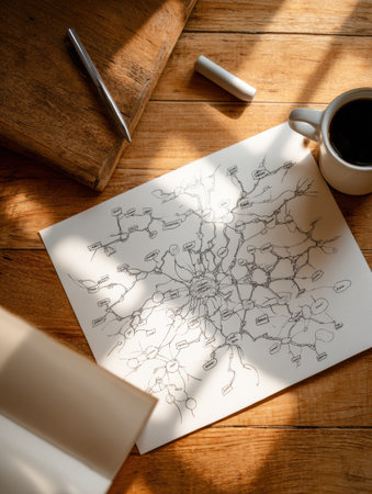 A mind map sprawls on a wooden desk with sketches, a coffee cup, and an open notebook, creating an inviting workspace.の素材