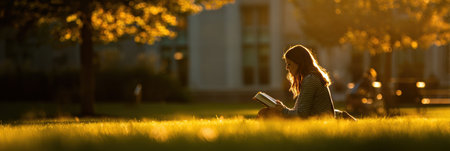 A student sits cross-legged on the grass, deeply focused on a book, illuminated by the warm glow of the sun amidst a peaceful and inviting environment.の素材