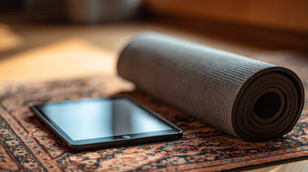A yoga mat is rolled out next to a reading tablet, representing a morning ritual for personal growth in a tidy and inviting environment.の素材