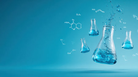 Discover a virtual chemistry lab showcasing floating flasks filled with blue liquid and surrounding colorful chemical formulas against a bright background.の素材