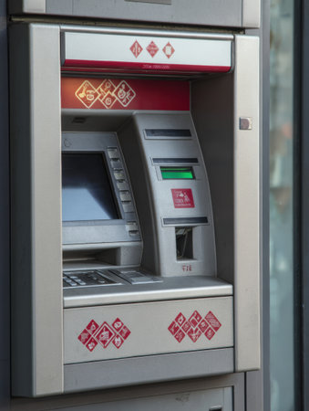 Skimming device attached to ATM observed in a public location, featuring red warning symbols alerting users to possible security risks.の素材
