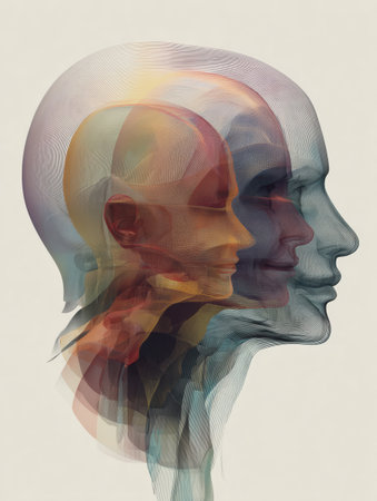 Transparent human heads gradually transition forward, displaying intricate layers and expressions that suggest evolution and growth in artistic design.の素材