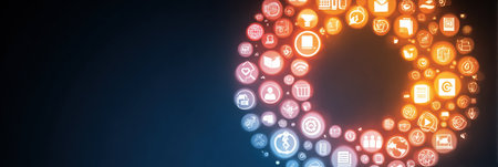 An infographic highlights diverse online learning platforms using glowing circular icons against a dark background.の素材