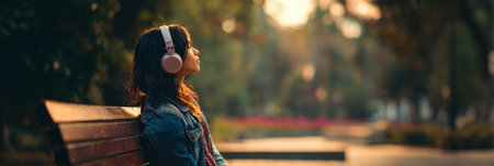 Girl enjoys an educational podcast while sitting on a park bench, surrounded by natures blurred beauty during a peaceful time of day.の素材