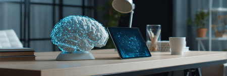 Digital brain model displayed on a tablet atop a modern desk, showcasing an organized workspace with minimal clutter and contemporary design elementsの素材