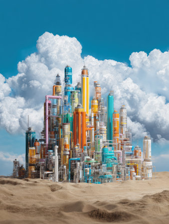 An imaginative city rises from the ground, built entirely from colorful paint tubes and brushes, basking under a bright, open sky filled with fluffy clouds.の素材