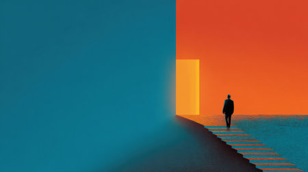 Individual ascends stairs into a doorway filled with light, signifying a journey of personal growth amid a striking color palette during twilight.の素材