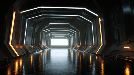 Futuristic corridor features a glowing LED sign mockup with a blank space for text, surrounded by sleek, high-tech wall designs and ambient lighting.の素材