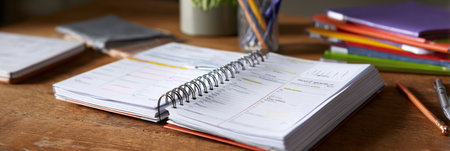 School planner reveals a detailed weekly schedule with organized notes, surrounded by colorful stationery in a bright and inspiring workspace.の素材