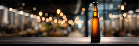 Minimalistic craft beer bottle stands out in the spotlight, set against a blurred brewery setting, creating a focus on the fine details of the bottle.の素材